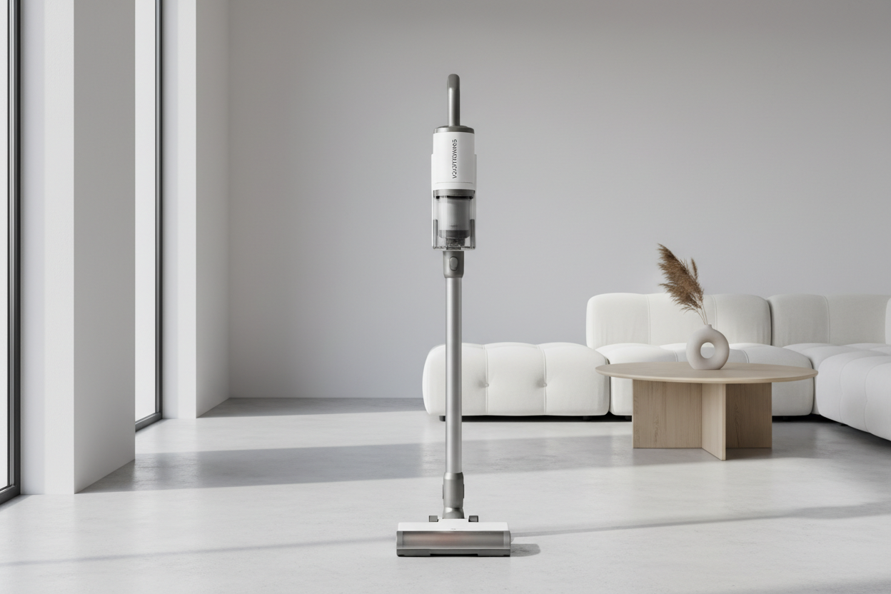 Cordless vacuum standing upright in a clean modern room, bright natural light, minimal setting., brand vogatronics and in prtrait size