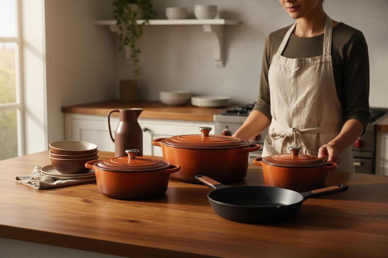 Elegant cookware collection displayed on a wood counter in a warm, softly lit kitchen. Modern lifestyle scene with premium cast-iron and ceramic pots in rich earthy tones. A person in an apron stands behind the cookware (no face). Blurred white cabinets in background, soft shadows, natural morning light. High-end, magazine-style kitchen photography.