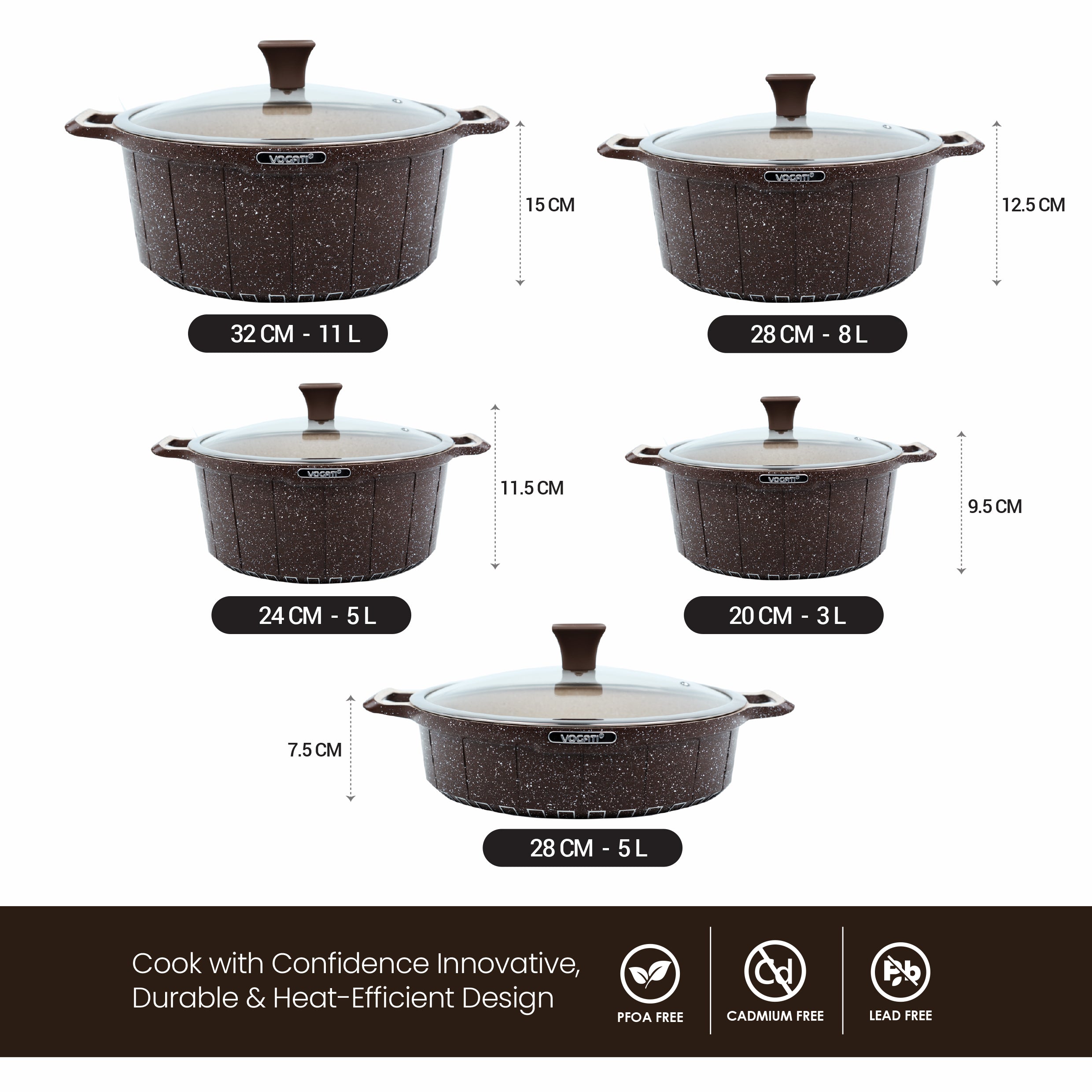 VOGATI 10PCS TITANIUM GRANITE COATING NON STICK COOKWARE SET - INCLUDING 20/24/28CM CASSEROLE + 28CM SHALLOW CASSEROLE ( 100% PFOA FREE )