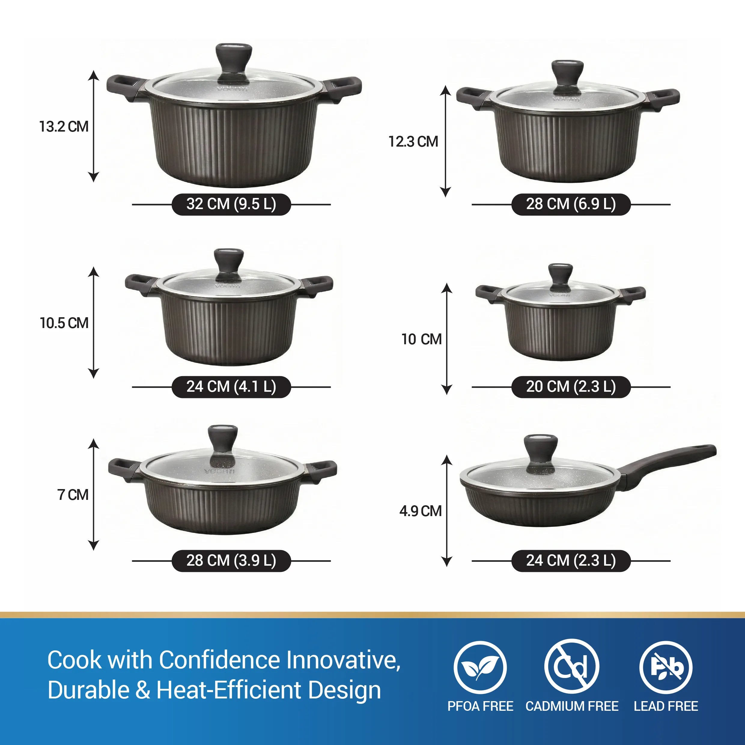 VOGATI MONACO SERIES 12PCS TITANIUM GRANITE COATING NON STICK INDUCTION COOKWARE SET - INCLUDING 20/24/28/32CM CASSEROLE + 24CM FRY PAN WITH LID AND 28CM SHALLOW CASSEROLE (100% PFOA FREE) (CW-SRP12)