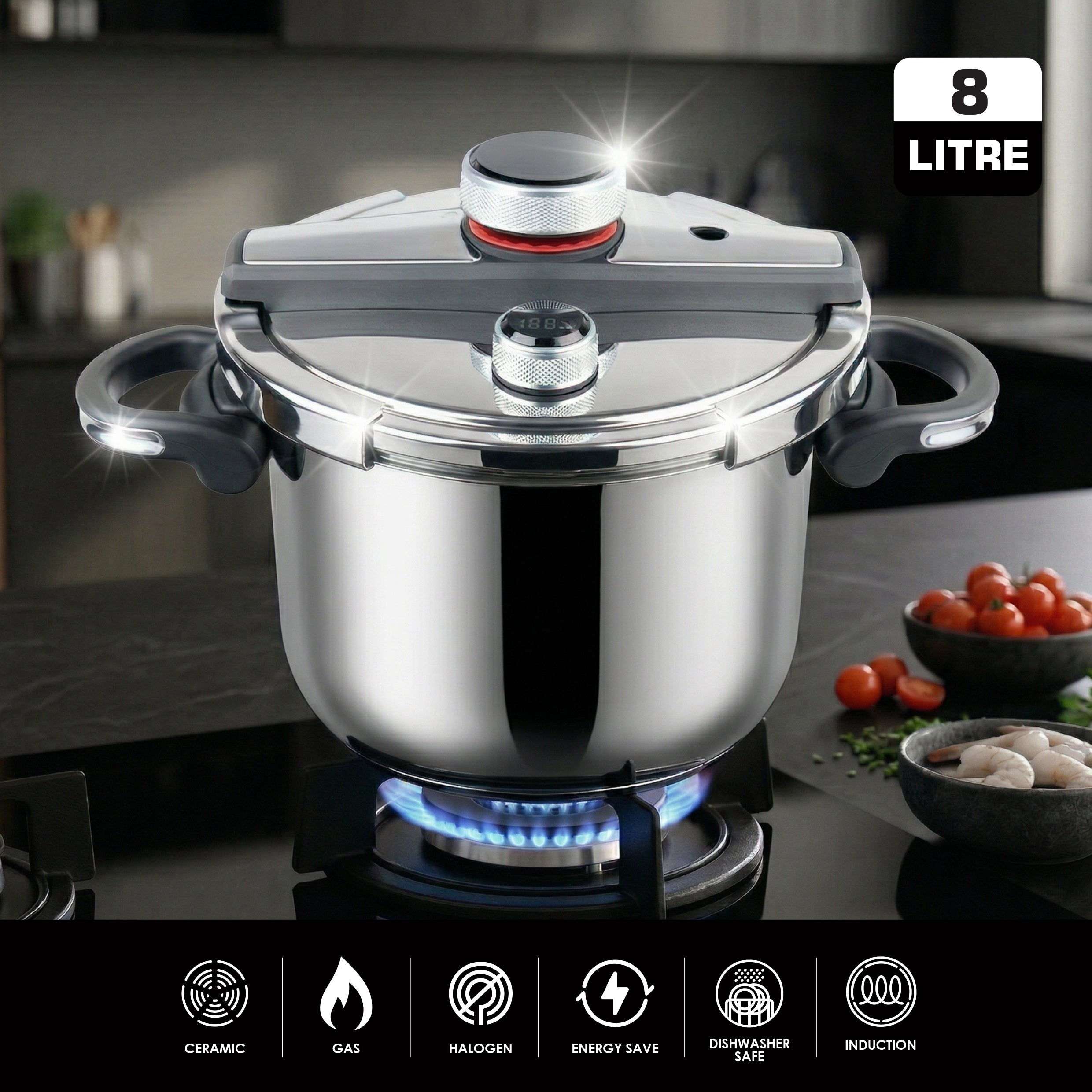 VOGATI PRESSURE COOKER 8 LITER STAINLESS STEEL18/10(304)- INDUCTION BASE HEAVY-GLASS LID-DIGITAL PRESSURE INDICATOR-PRESSURE LID WITH SAFETY LOCK-ERGONOMICS FOLDABLE HANDLE