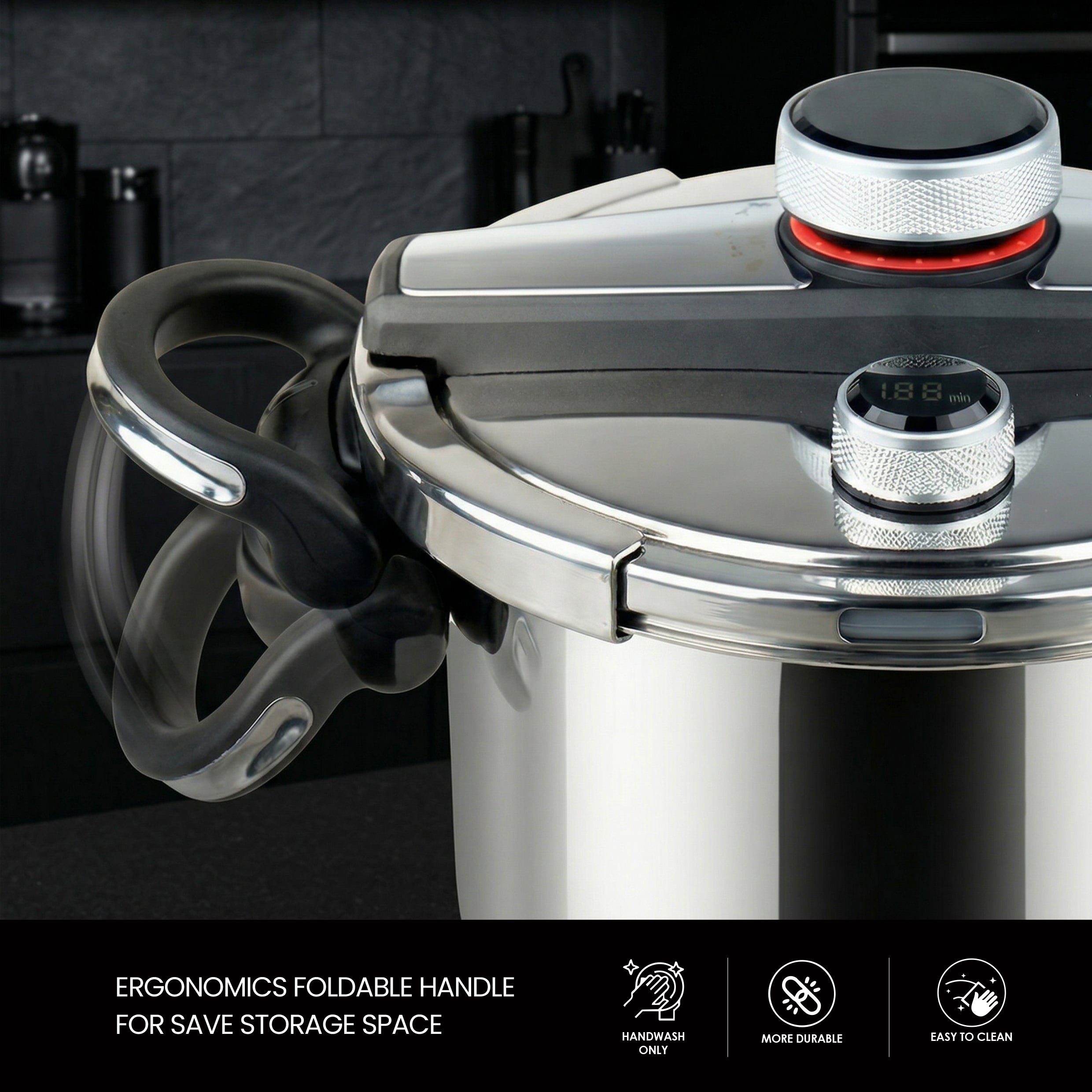 VOGATI PRESSURE COOKER 8 LITER STAINLESS STEEL18/10(304)- INDUCTION BASE HEAVY-GLASS LID-DIGITAL PRESSURE INDICATOR-PRESSURE LID WITH SAFETY LOCK-ERGONOMICS FOLDABLE HANDLE