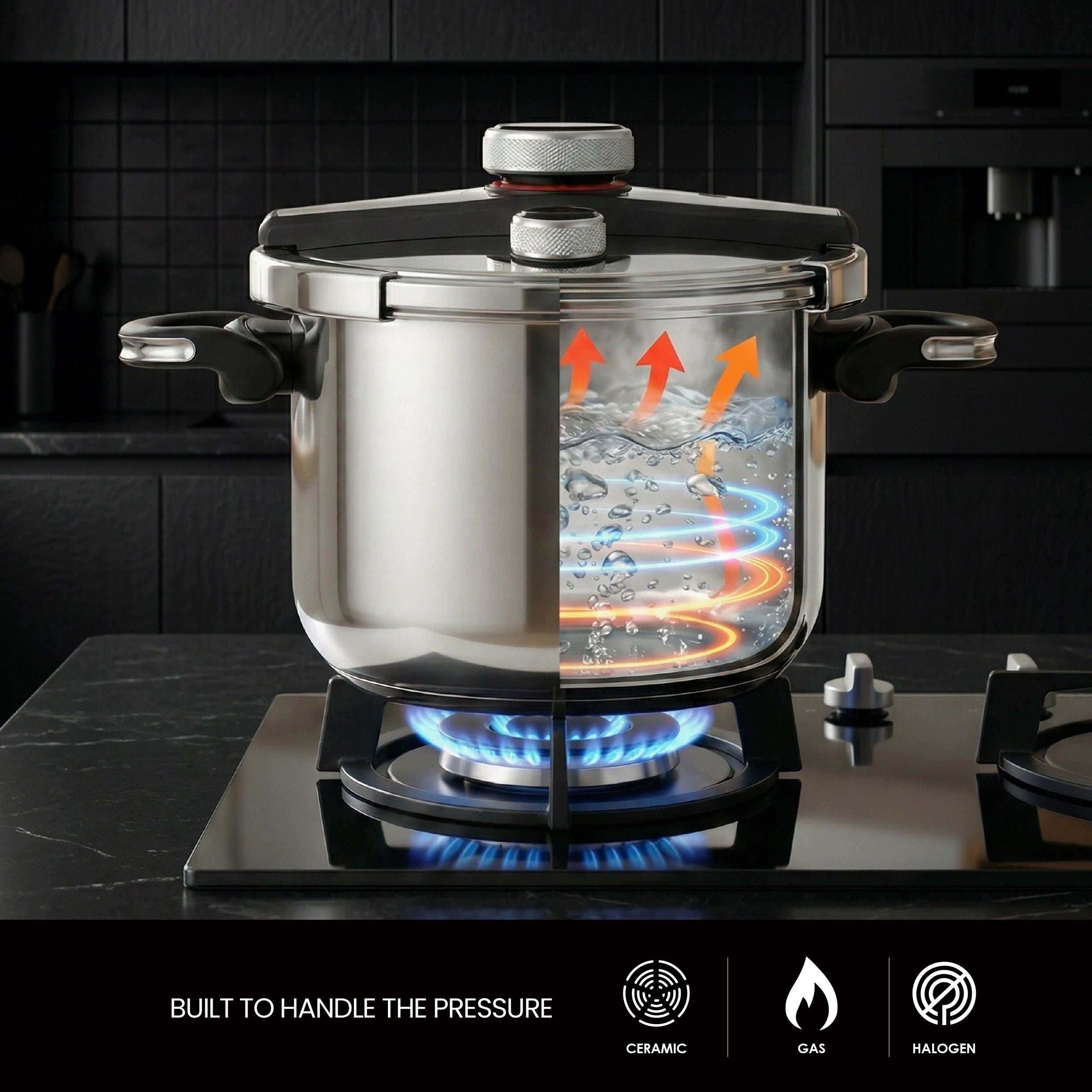 VOGATI PRESSURE COOKER 8 LITER STAINLESS STEEL18/10(304)- INDUCTION BASE HEAVY-GLASS LID-DIGITAL PRESSURE INDICATOR-PRESSURE LID WITH SAFETY LOCK-ERGONOMICS FOLDABLE HANDLE