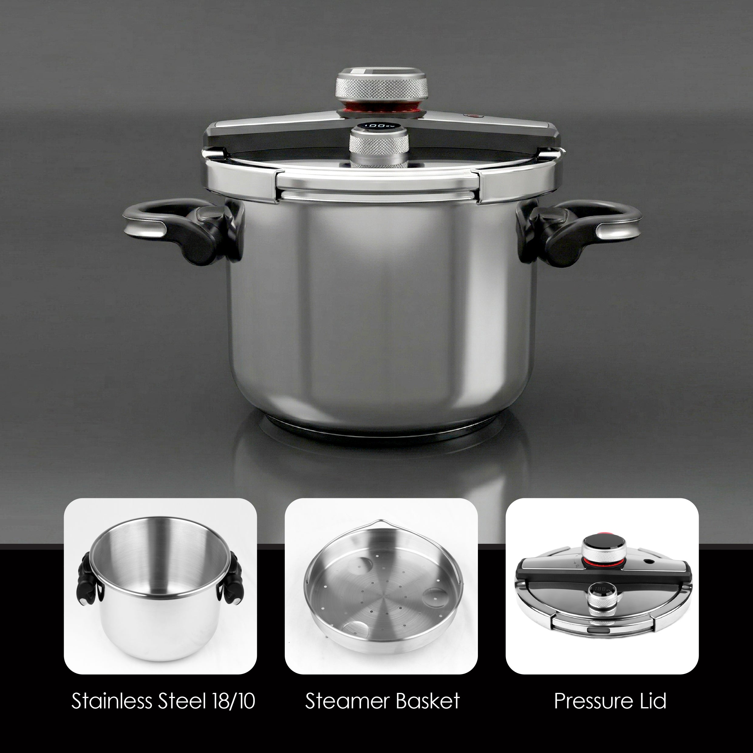 VOGATI PRESSURE COOKER 8 LITER STAINLESS STEEL18/10(304)- INDUCTION BASE HEAVY-GLASS LID-DIGITAL PRESSURE INDICATOR-PRESSURE LID WITH SAFETY LOCK-ERGONOMICS FOLDABLE HANDLE
