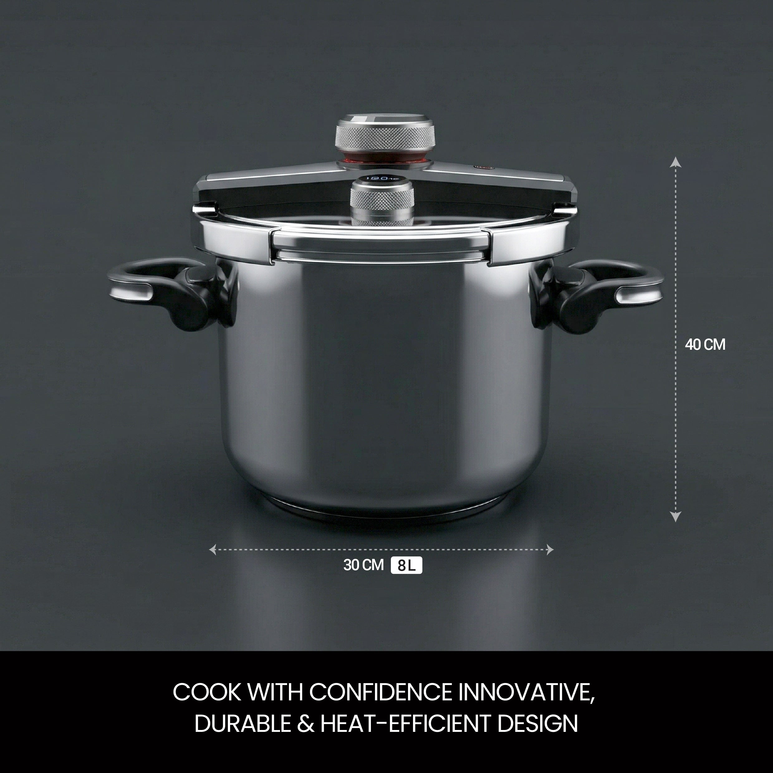 VOGATI PRESSURE COOKER 8 LITER STAINLESS STEEL18/10(304)- INDUCTION BASE HEAVY-GLASS LID-DIGITAL PRESSURE INDICATOR-PRESSURE LID WITH SAFETY LOCK-ERGONOMICS FOLDABLE HANDLE