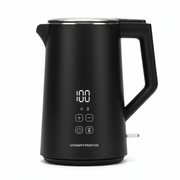 Black electric kettle with digital display on a kitchen counter, next to a steaming cup of tea.