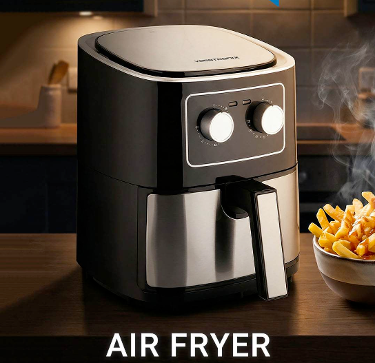 Black and silver air fryer on a kitchen counter with a bowl of fries in the background.