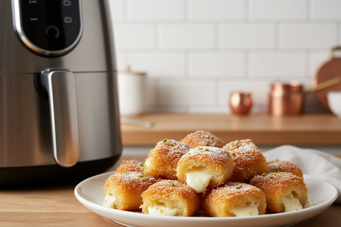 Close-up shot of golden air-fried kunafa bites arranged on a white plate beside an air fryer, soft warm lighting, clean minimal kitchen background, premium Middle Eastern dessert styling, use aspect ratios like 3:4 or 9:16