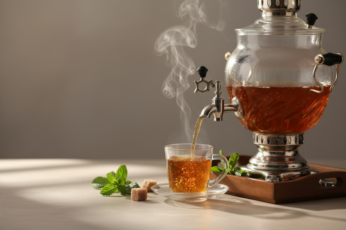 Elegant lifestyle photo of mint tea being poured from a glass samovar into a clear cup, warm amber lighting, subtle steam, clean minimal background, soft shadows, premium Middle Eastern tea atmosphere.use aspect ratios like 3:4 or 9:16 for vertical shots (phone screens, stories), or 2:3/4:5 f