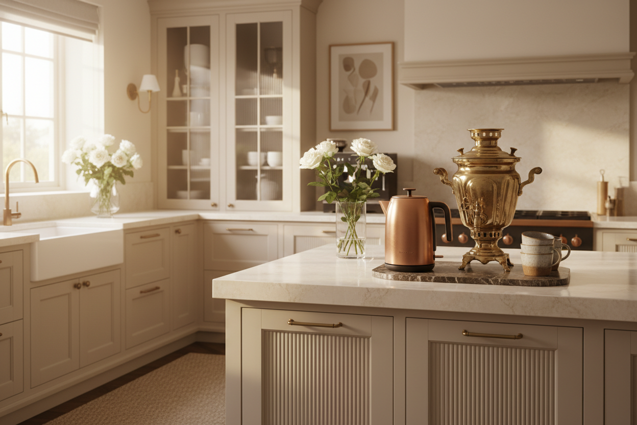 Hero banner of electric kettle + samovar in a soft luxury kitchen environment, warm lighting, elegant setup, with no titles and logos