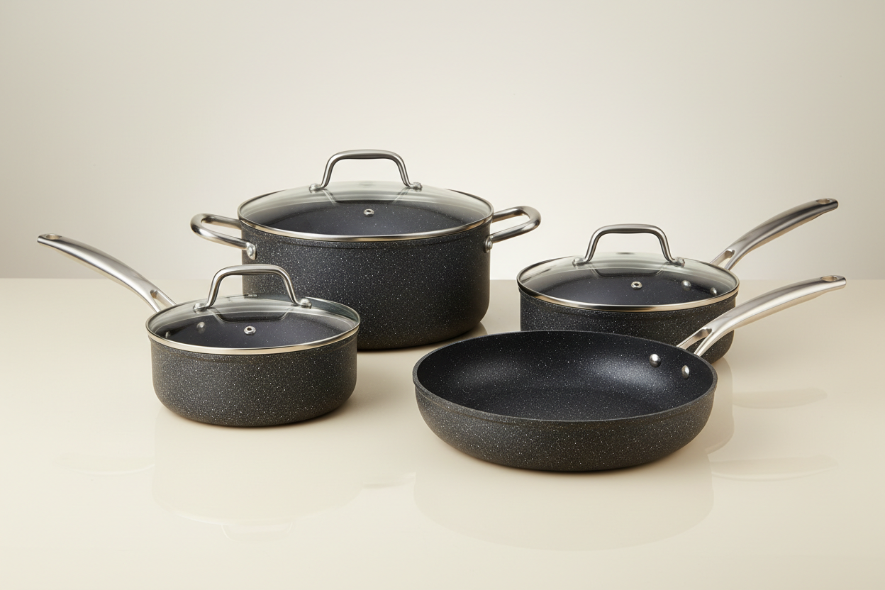 Hero shot of a modern granite cookware set on light cream background, soft reflections, high realism.