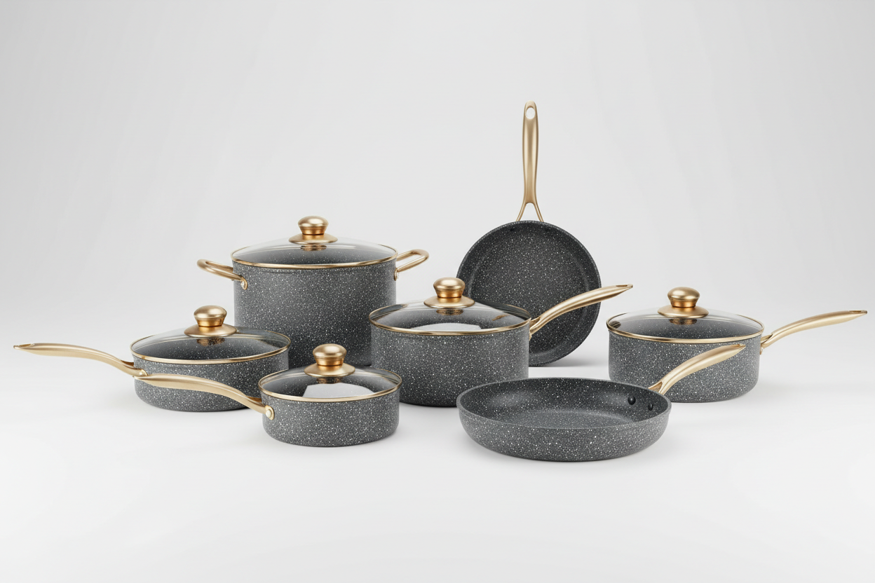 Minimal soft 3D product photo of a granite cookware set (10-piece) on a clean white background, soft shadows, premium lighting, subtle gold highlights, high-end cookware photography.