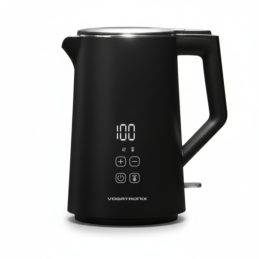 Black electric kettle with digital display on a kitchen counter, next to a glass of tea.