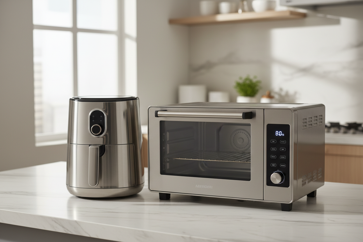 Samsung premium hero banner featuring air fryer and smart oven on a marble counter, soft shadows, modern home mood, with no logos, and titles