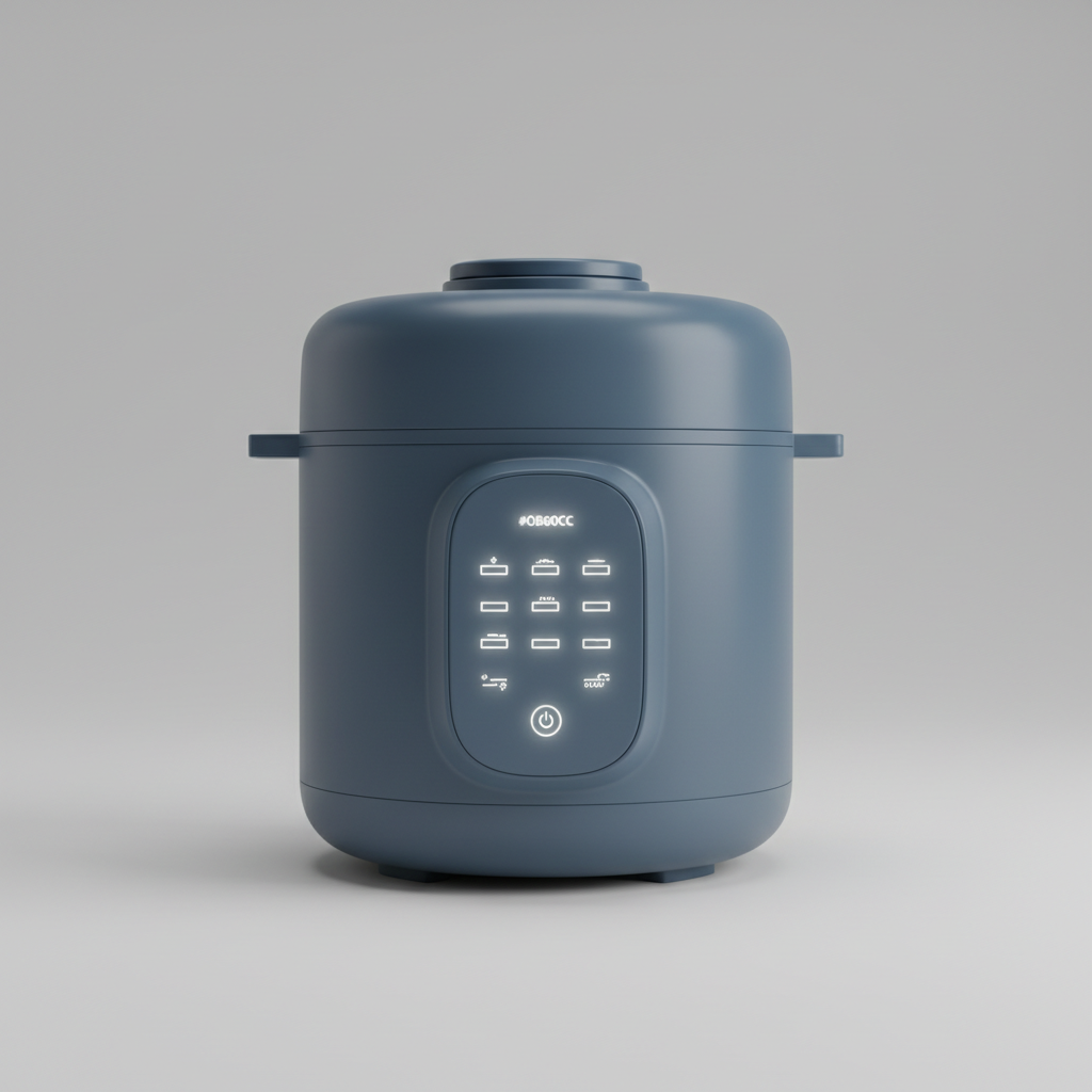 Blue pressure cooker with digital display on a gray background