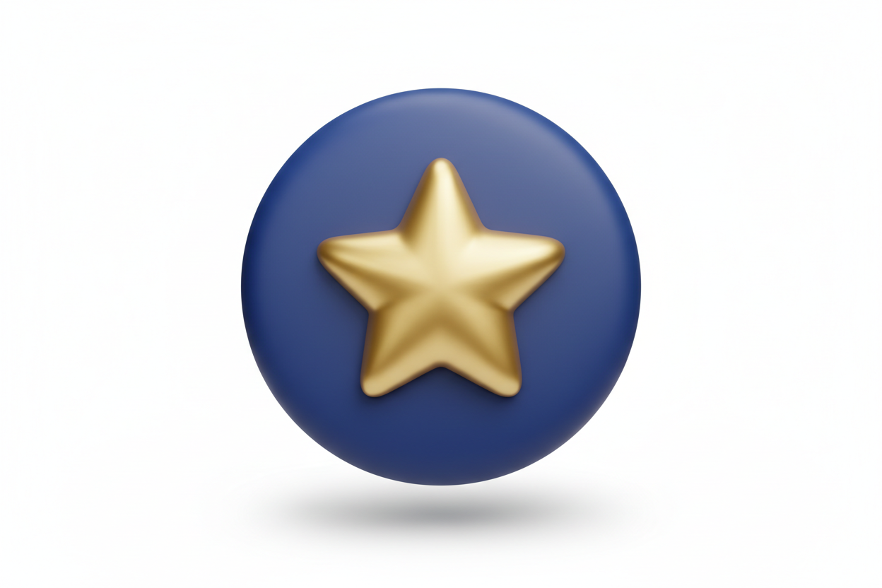 Soft 3D Airbnb-style icon of a circular badge with a star in the center, rounded soft edges, matte dark blue base, gold accent star in the middle, clean white background, gentle shadow, premium luxury brand feel.