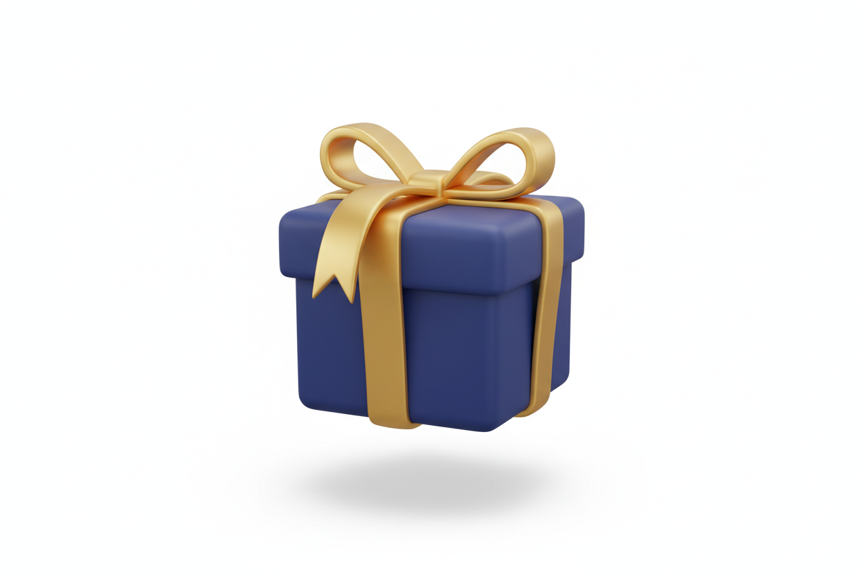 Soft 3D Airbnb-style icon of a gift box with ribbon, rounded edges, matte dark blue with gold ribbon accent, clean white background, gentle shadow.