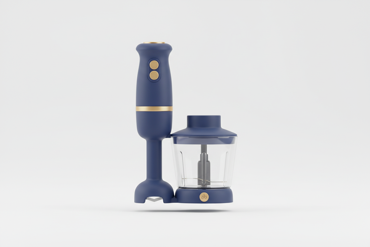Soft 3D Airbnb-style icon of a hand blender + chopper combination, rounded geometry, matte dark blue body, clean white background, subtle gold touches.