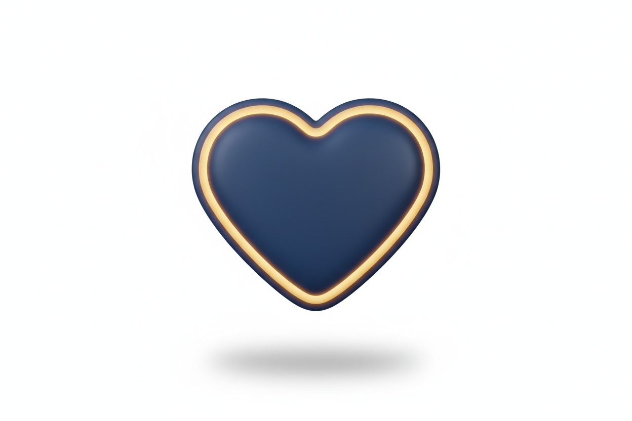 Soft 3D Airbnb-style icon of a heart badge, rounded soft edges, matte dark blue with soft gold border, clean white background, gentle shadow.