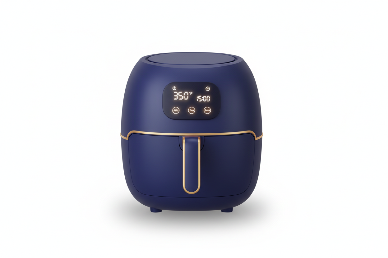 Soft 3D Airbnb-style icon of a modern air fryer with rounded shape and LED panel, matte dark blue surface, gold accent line, white background, soft shadow.