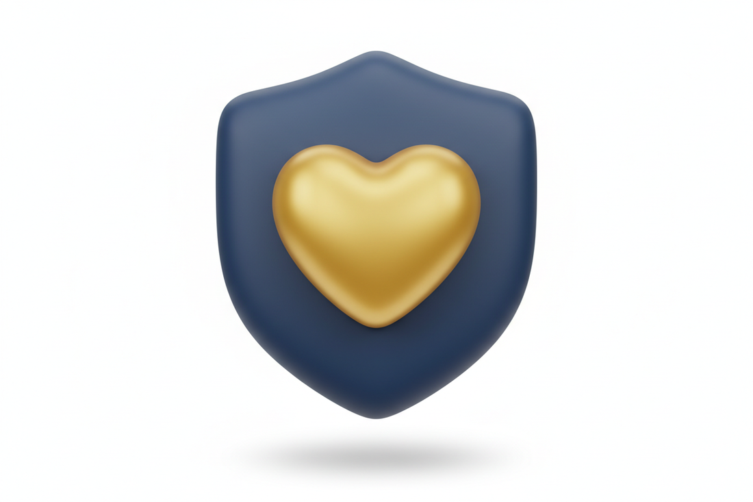 Soft 3D Airbnb-style icon of a protective shield with a heart inside, rounded soft edges, matte dark blue body, gold heart accent, clean white background, gentle shadow, conveying safety, health, and family protection.