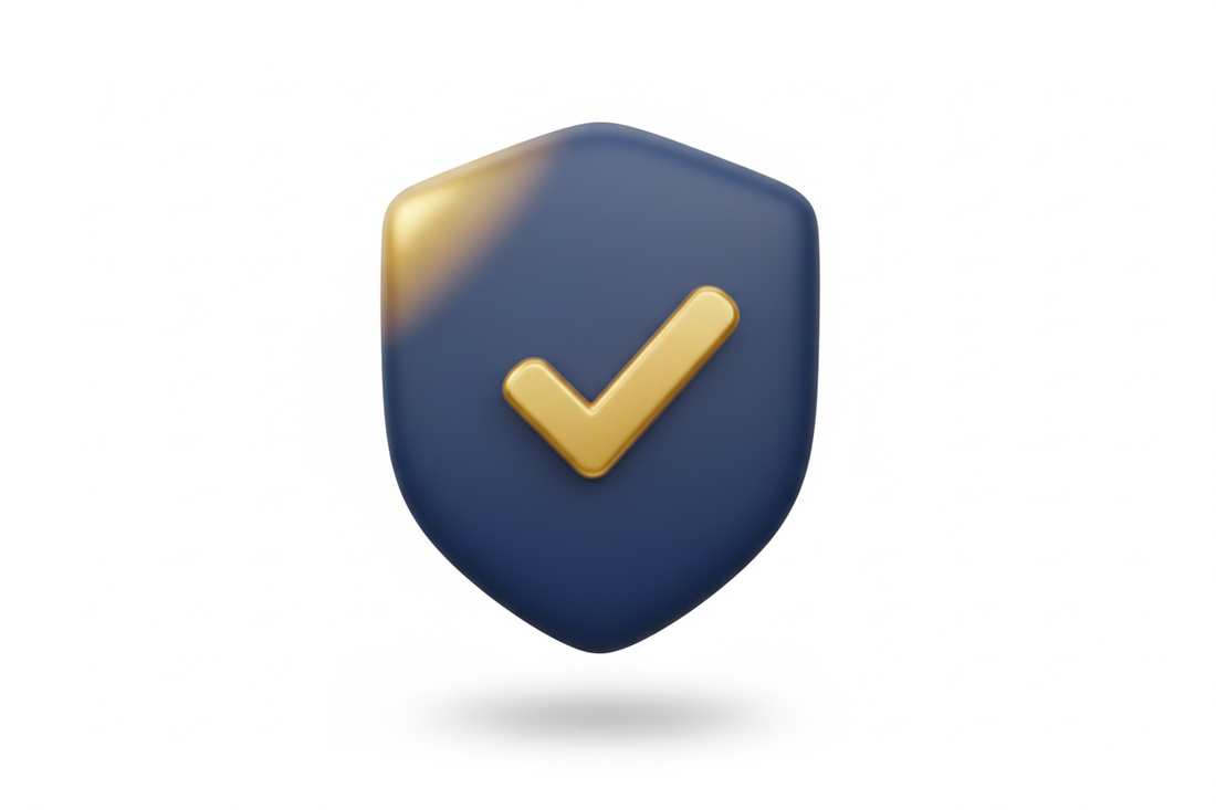 Soft 3D Airbnb-style icon of a rounded shield with a gold checkmark in the center, matte dark blue finish, soft gold highlight, clean white background, gentle shadow, representing verified safety and compliance.