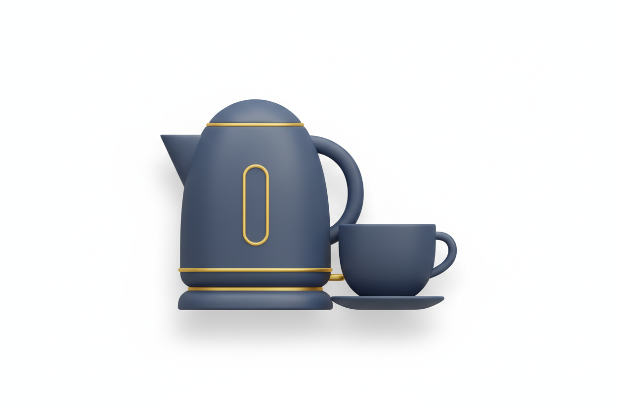 Soft 3D Airbnb-style icon of an electric kettle and a tea cup together, smooth curved silhouettes, matte dark blue with gold accents, minimal soft shadow on white background.