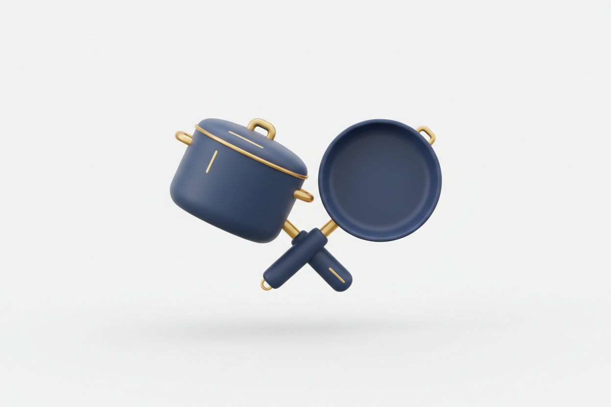 Soft 3D minimal Airbnb-style icon of a single pot and pan crossed, smooth rounded form, dark blue matte body, subtle gold details, clean white background.