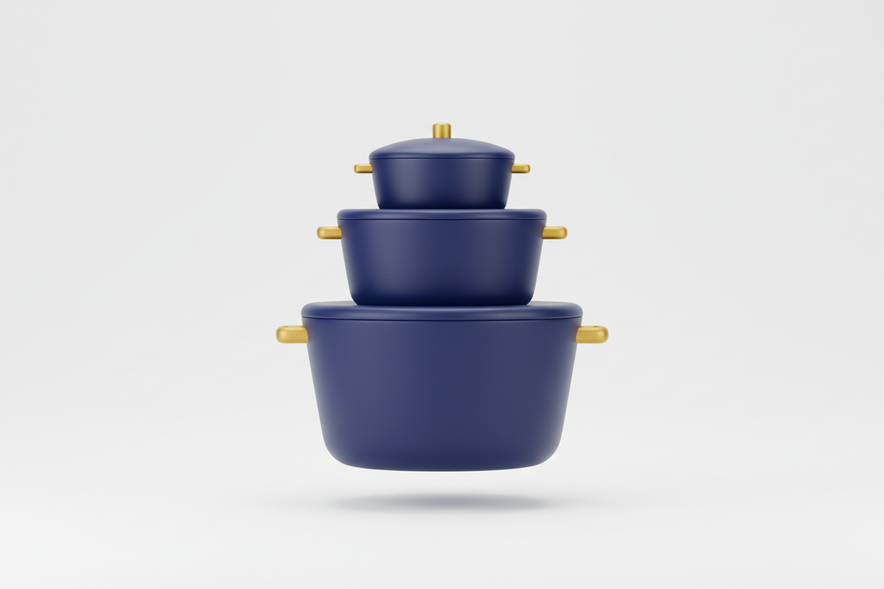 Soft 3D minimal Airbnb-style icon of stacked pots with lids, rounded silhouettes, dark blue matte finish, small gold handles, clean white background, gentle shadow.