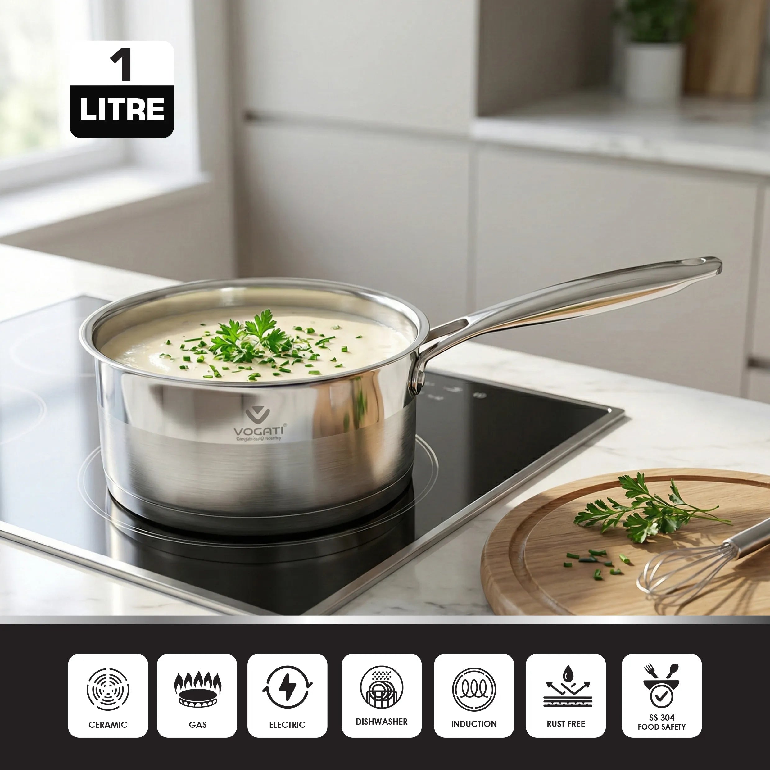 VOGATI SAUCEPAN 16CM STAINLESS STEEL 18/10 (1 LITRES) WITH GLASS LID -WELDED HANDLE-INDUCTION COMPATIBLE COVERED PAN- SAUCEPAN - (100% PFOA FREE)