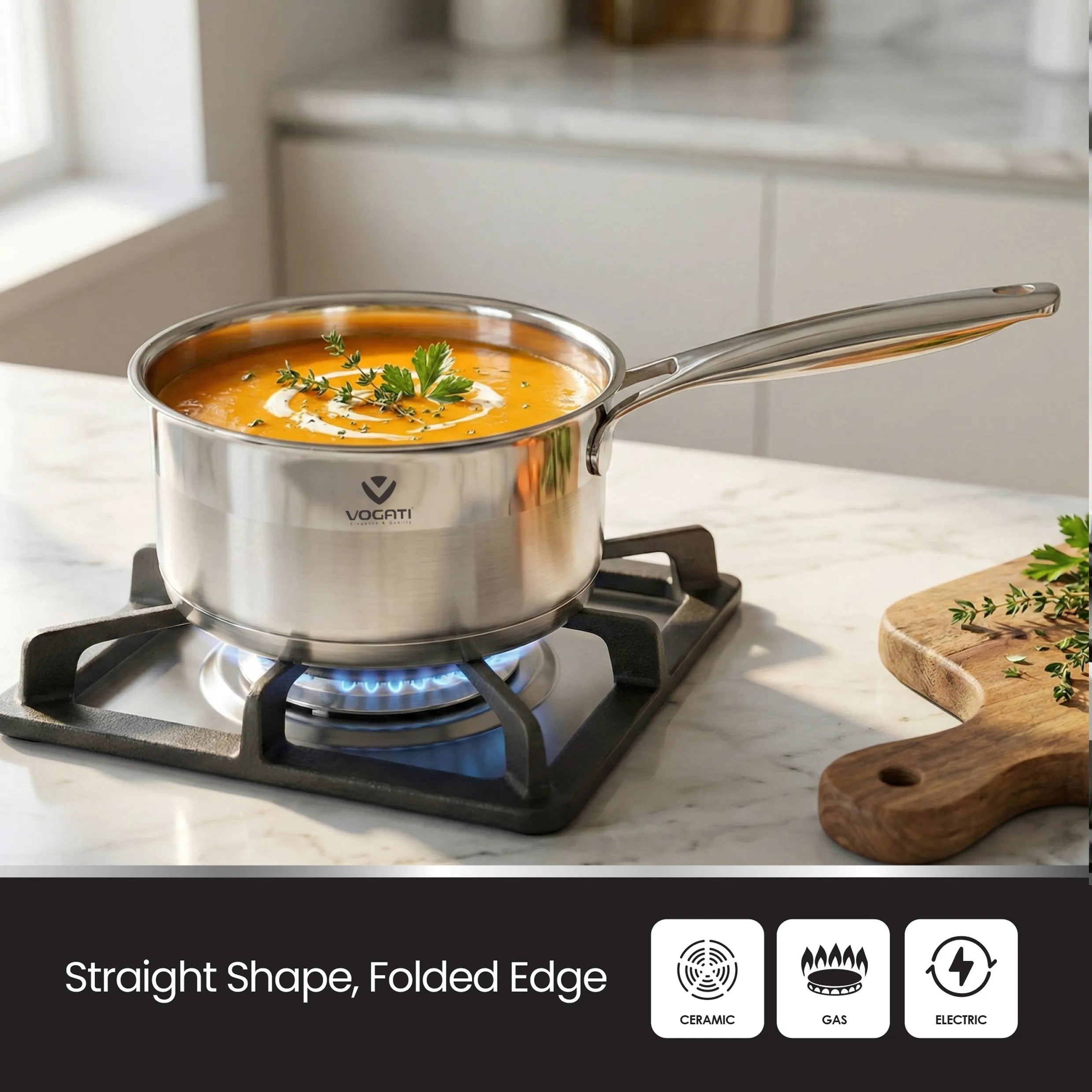 VOGATI SAUCEPAN 16CM STAINLESS STEEL 18/10 (1 LITRES) WITH GLASS LID -WELDED HANDLE-INDUCTION COMPATIBLE COVERED PAN- SAUCEPAN - (100% PFOA FREE)