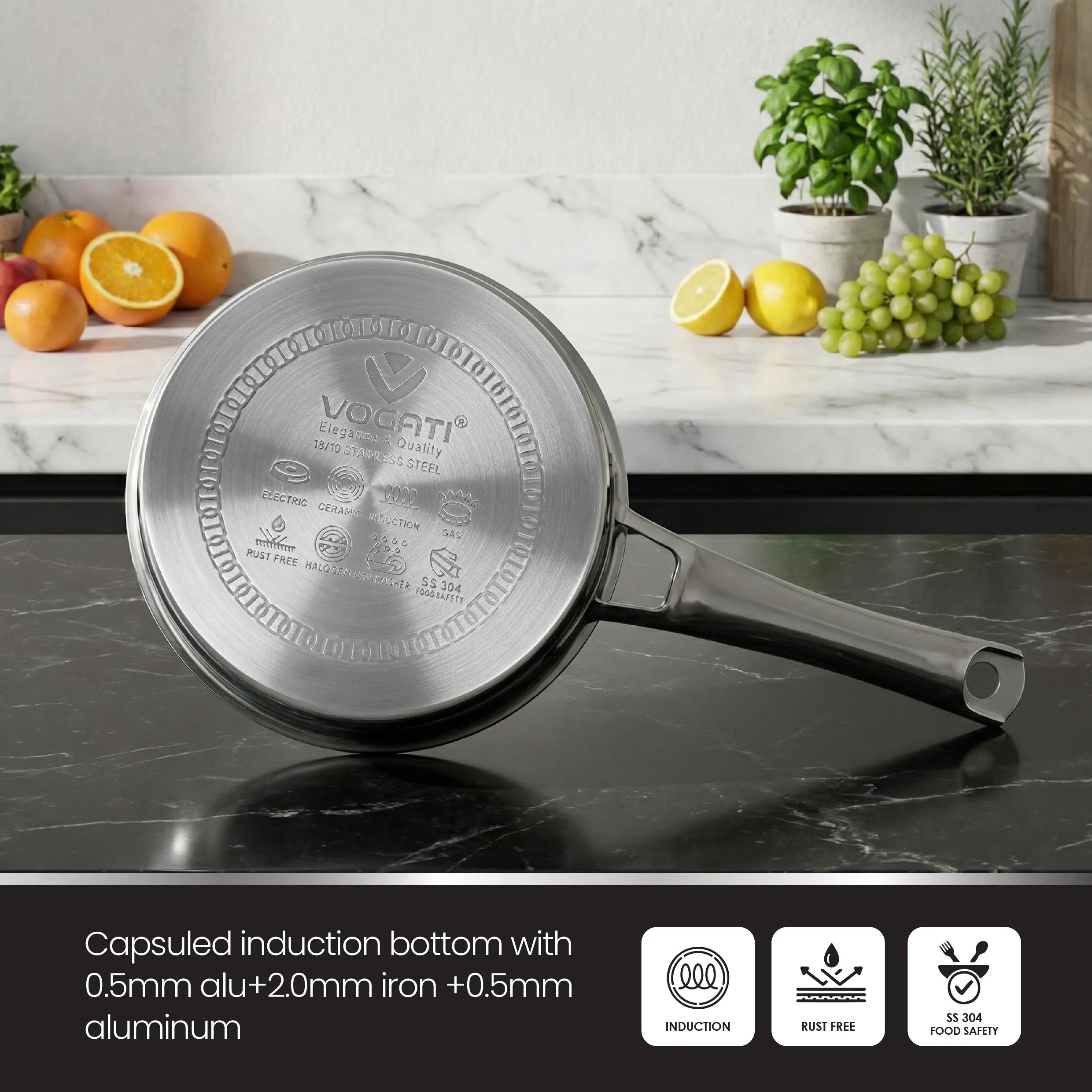VOGATI SAUCEPAN 16CM STAINLESS STEEL 18/10 (1 LITRES) WITH GLASS LID -WELDED HANDLE-INDUCTION COMPATIBLE COVERED PAN- SAUCEPAN - (100% PFOA FREE)