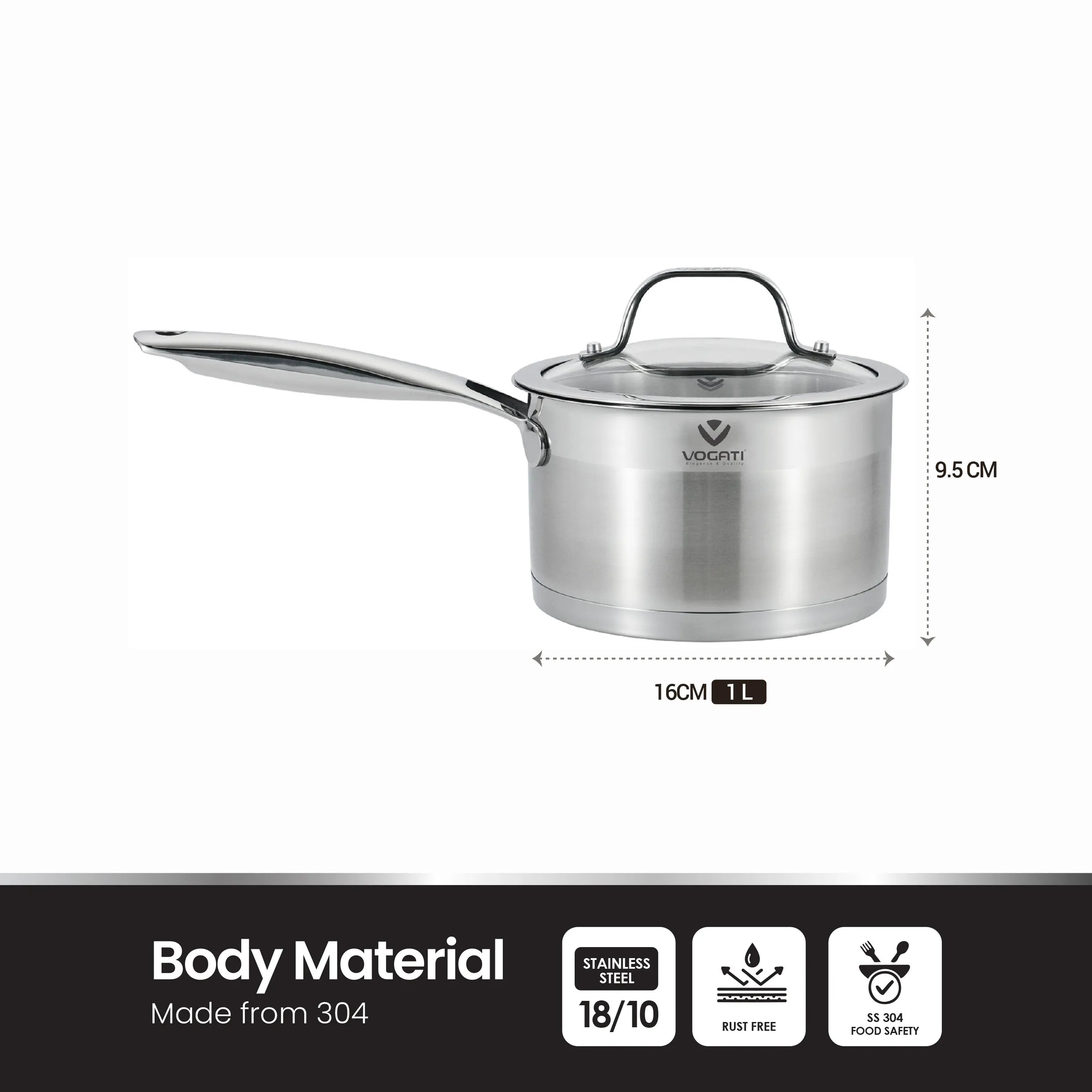 VOGATI SAUCEPAN 16CM STAINLESS STEEL 18/10 (1 LITRES) WITH GLASS LID -WELDED HANDLE-INDUCTION COMPATIBLE COVERED PAN- SAUCEPAN - (100% PFOA FREE)