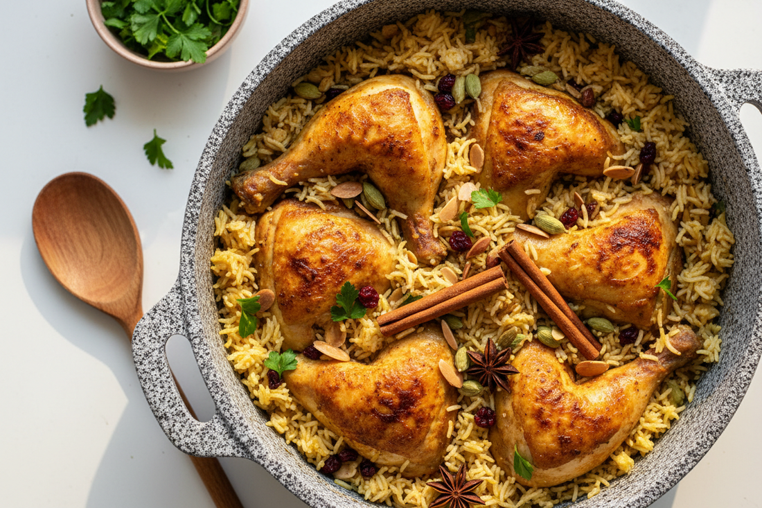 Top-down food photography of Arabic chicken and rice (machboos style) in a granite casserole pot, warm natural light, soft shadows, clean white background, minimal props, premium lifestyle cooking aesthetic.